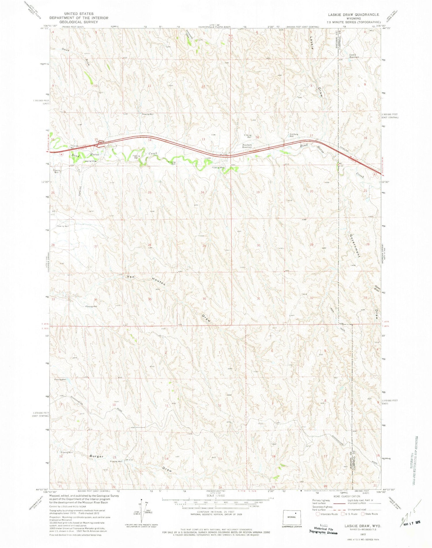 Classic USGS Laskie Draw Wyoming 7.5'x7.5' Topo Map Image