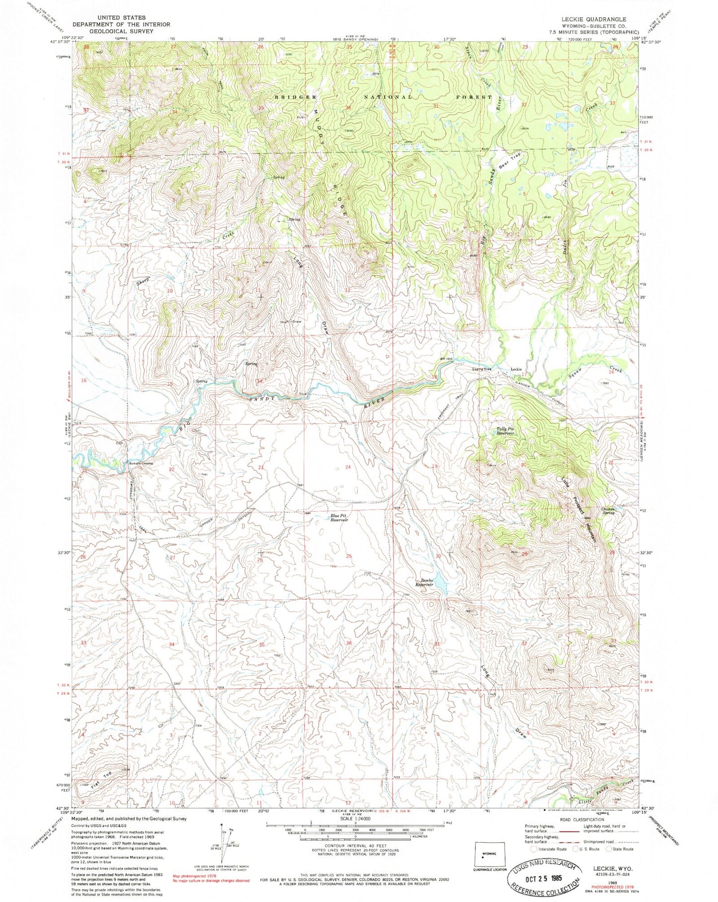 Classic USGS Leckie Wyoming 7.5'x7.5' Topo Map Image