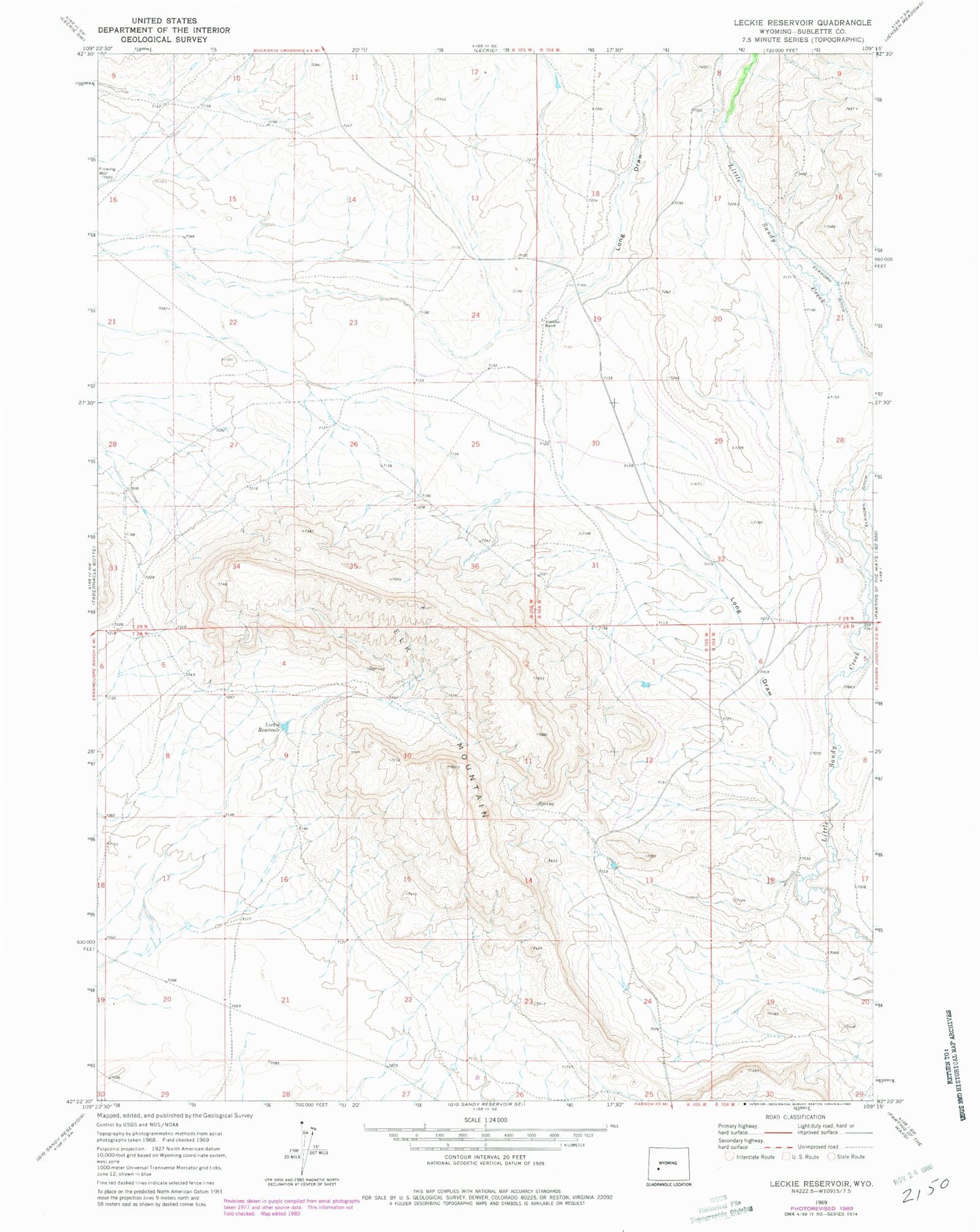 Classic USGS Leckie Reservoir Wyoming 7.5'x7.5' Topo Map Image