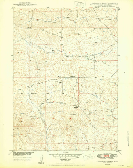 Classic USGS Leuenberger Ranch Wyoming 7.5'x7.5' Topo Map Image