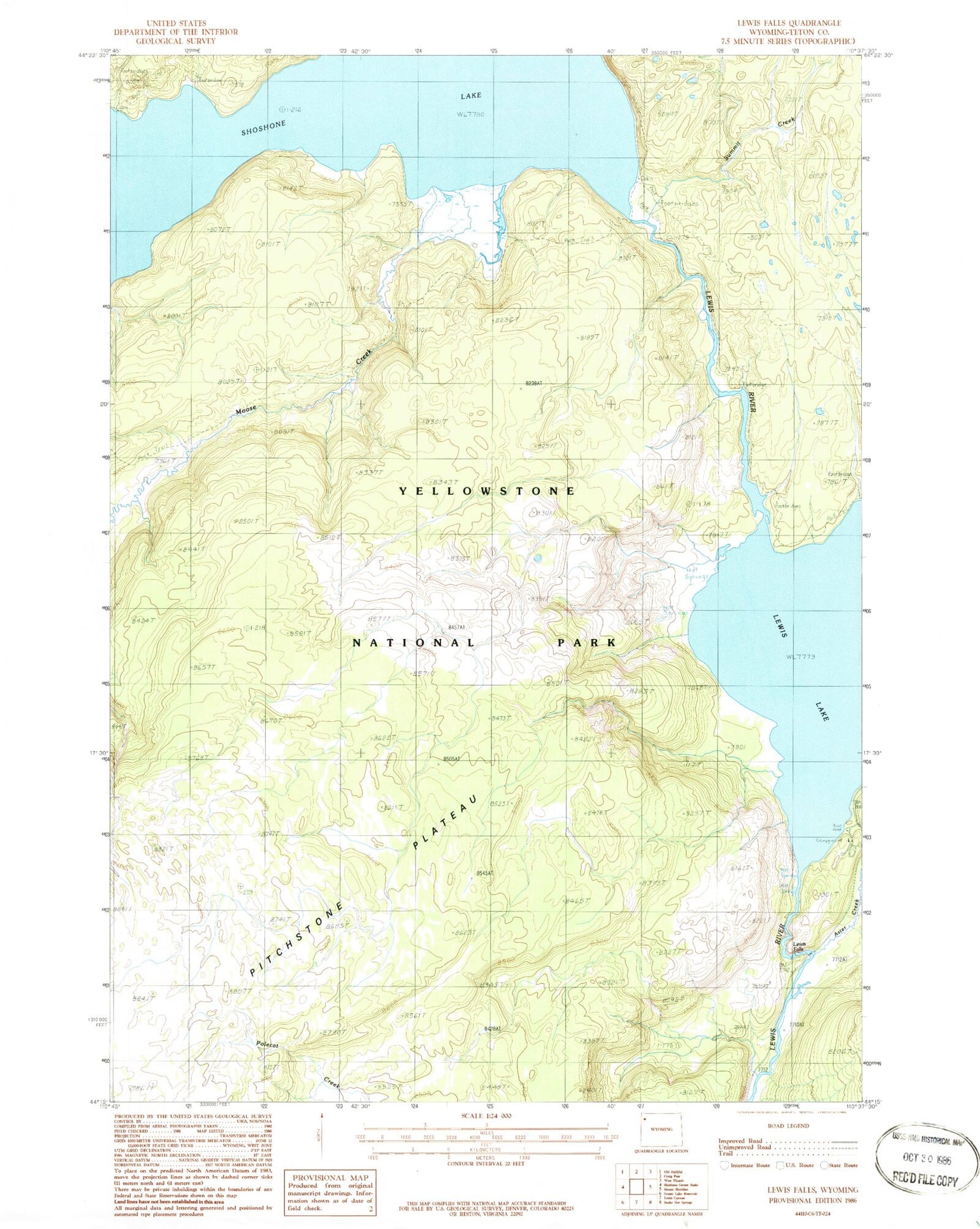 Classic USGS Lewis Falls Wyoming 7.5'x7.5' Topo Map Image