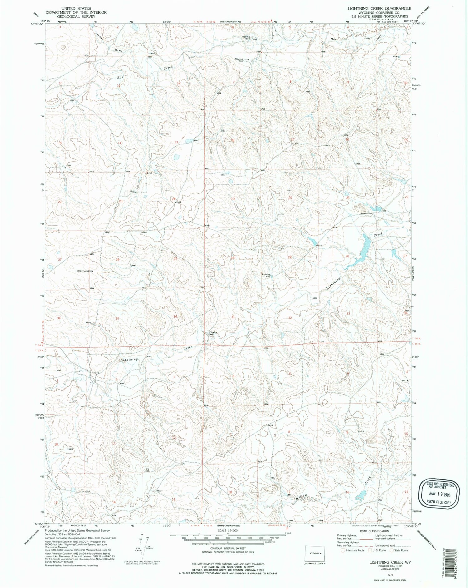 Classic USGS Lightning Creek Wyoming 7.5'x7.5' Topo Map Image