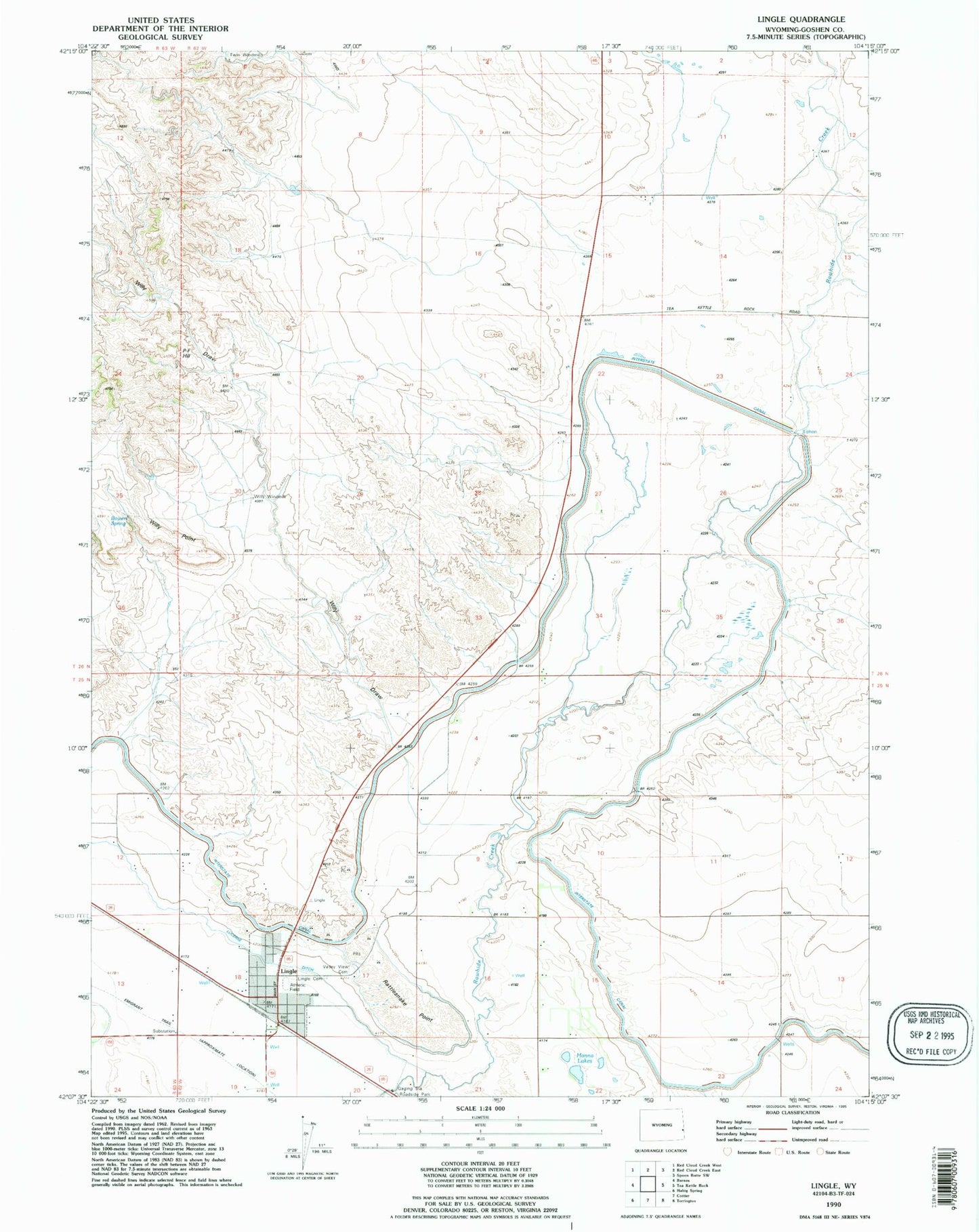 Classic USGS Lingle Wyoming 7.5'x7.5' Topo Map Image