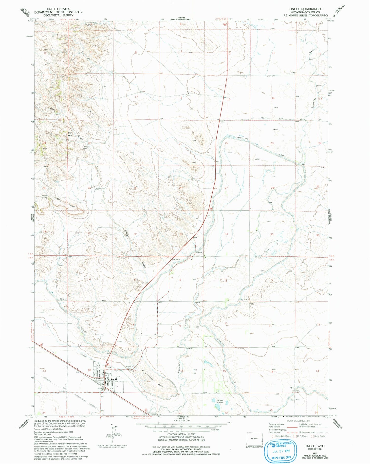 Classic USGS Lingle Wyoming 7.5'x7.5' Topo Map Image