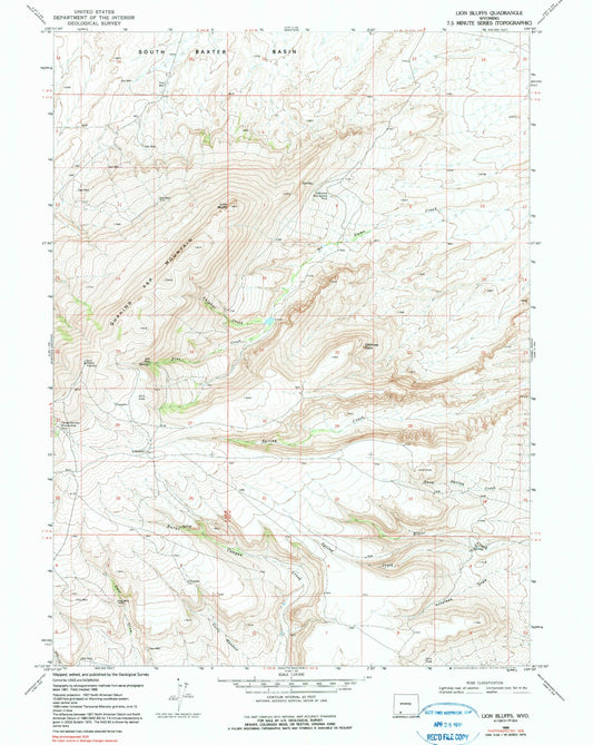 Classic USGS Lion Bluffs Wyoming 7.5'x7.5' Topo Map Image