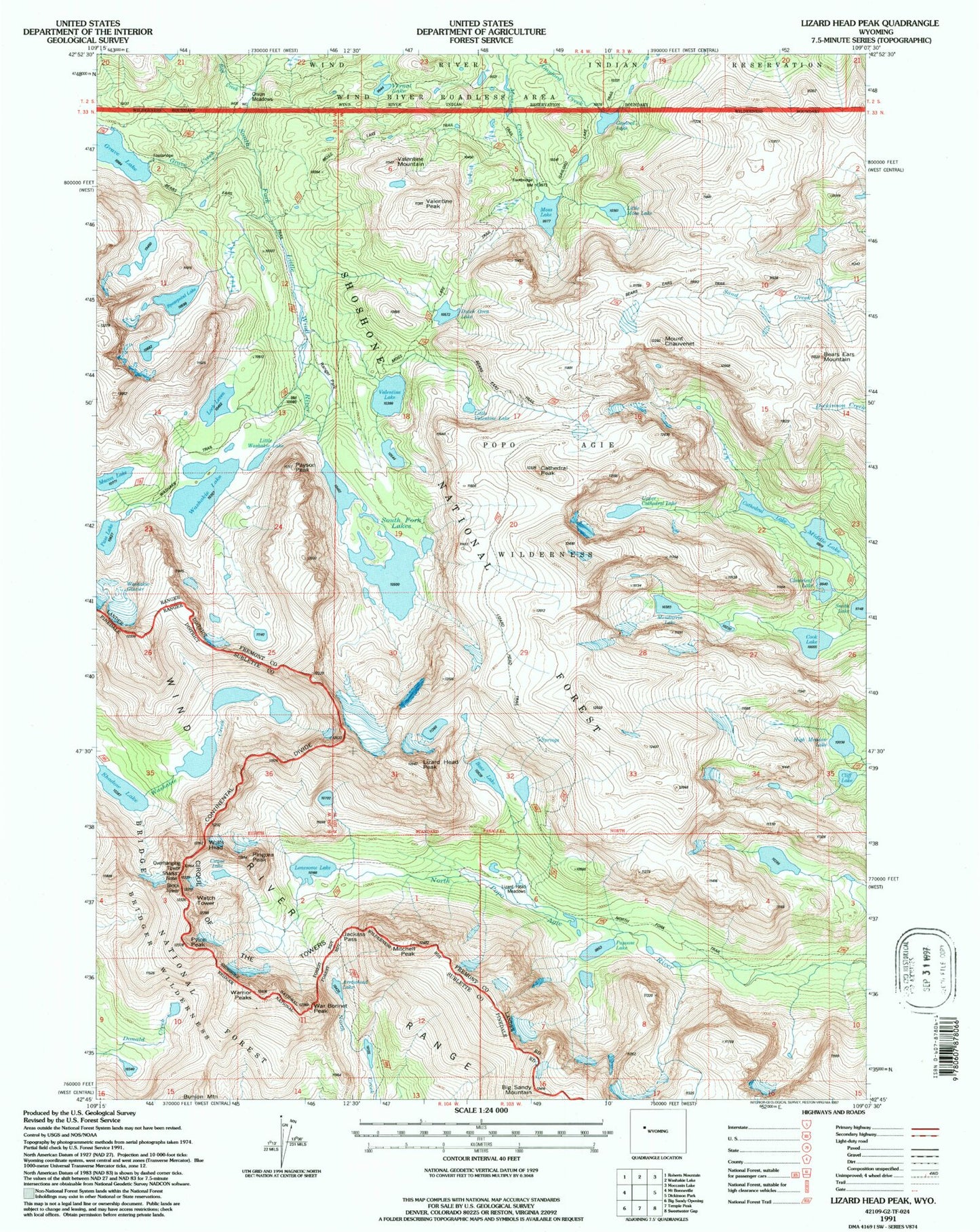 USGS Classic Lizard Head Peak Wyoming 7.5'x7.5' Topo Map Image