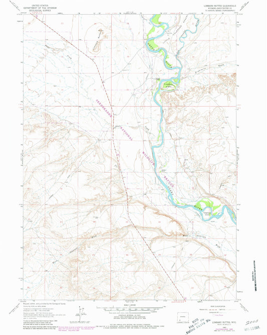 Classic USGS Lombard Buttes Wyoming 7.5'x7.5' Topo Map Image