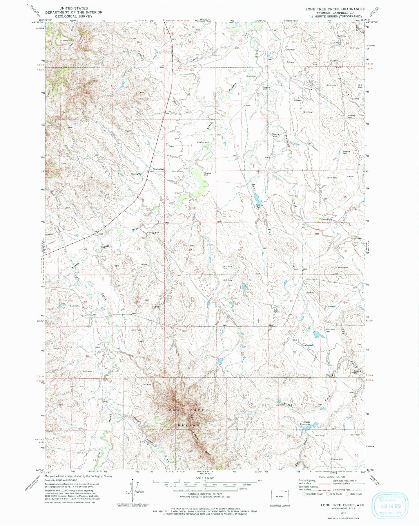 Classic USGS Lone Tree Creek Wyoming 7.5'x7.5' Topo Map Image