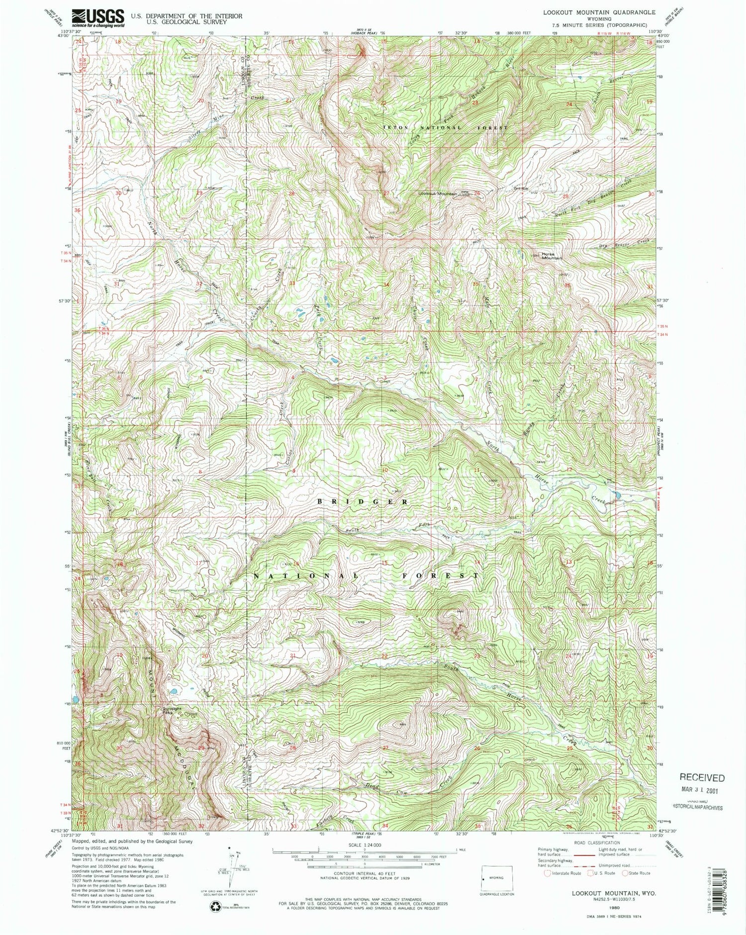 Classic USGS Lookout Mountain Wyoming 7.5'x7.5' Topo Map Image