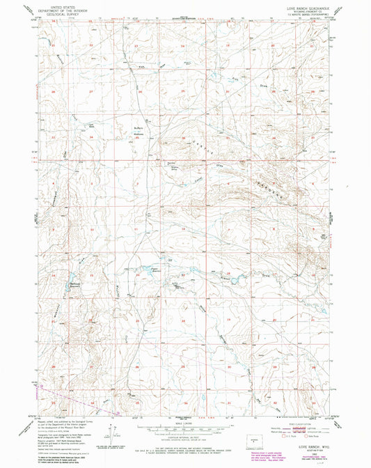Classic USGS Love Ranch Wyoming 7.5'x7.5' Topo Map Image