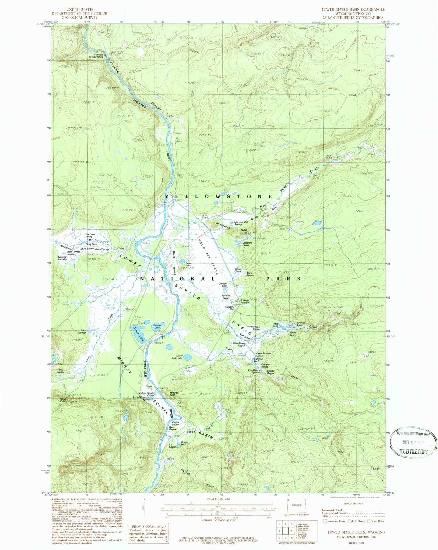Classic USGS Lower Geyser Basin Wyoming 7.5'x7.5' Topo Map Image