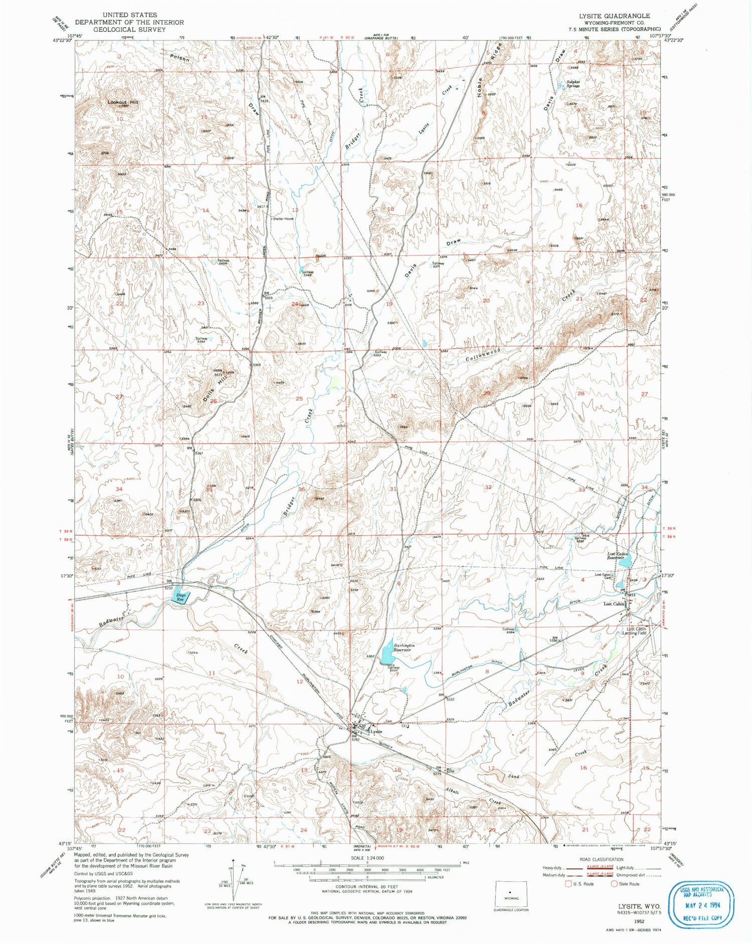 Classic USGS Lysite Wyoming 7.5'x7.5' Topo Map Image