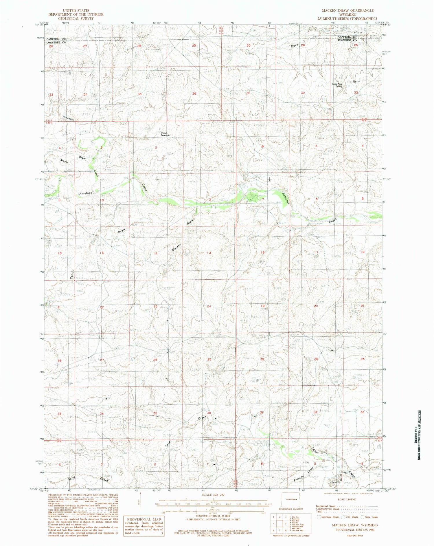 Classic USGS Macken Draw Wyoming 7.5'x7.5' Topo Map Image
