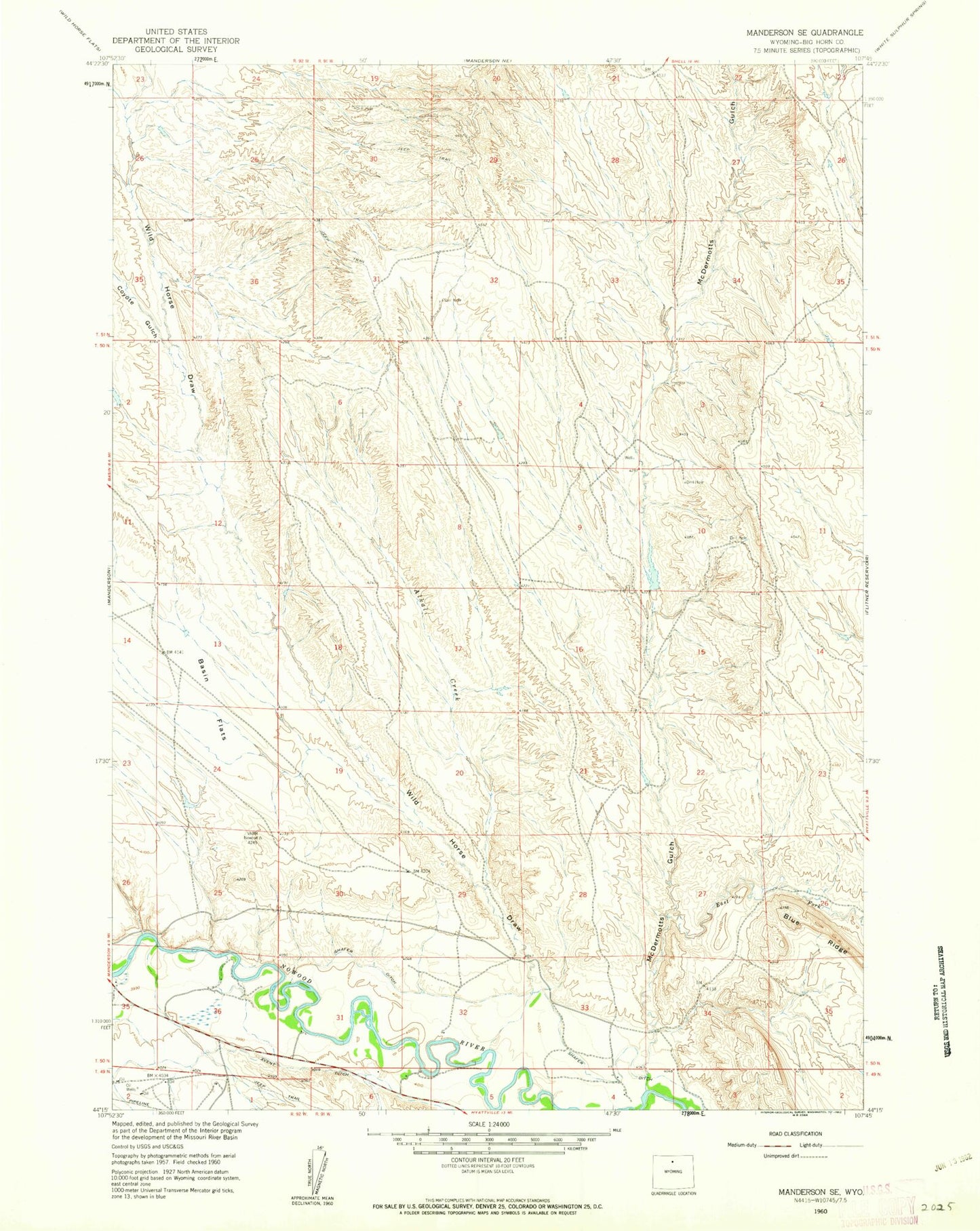Classic USGS Manderson SE Wyoming 7.5'x7.5' Topo Map Image