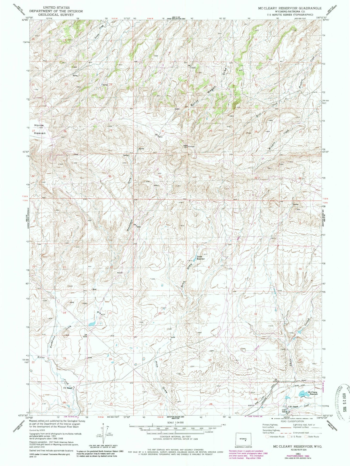 Classic USGS McCleary Reservoir Wyoming 7.5'x7.5' Topo Map Image
