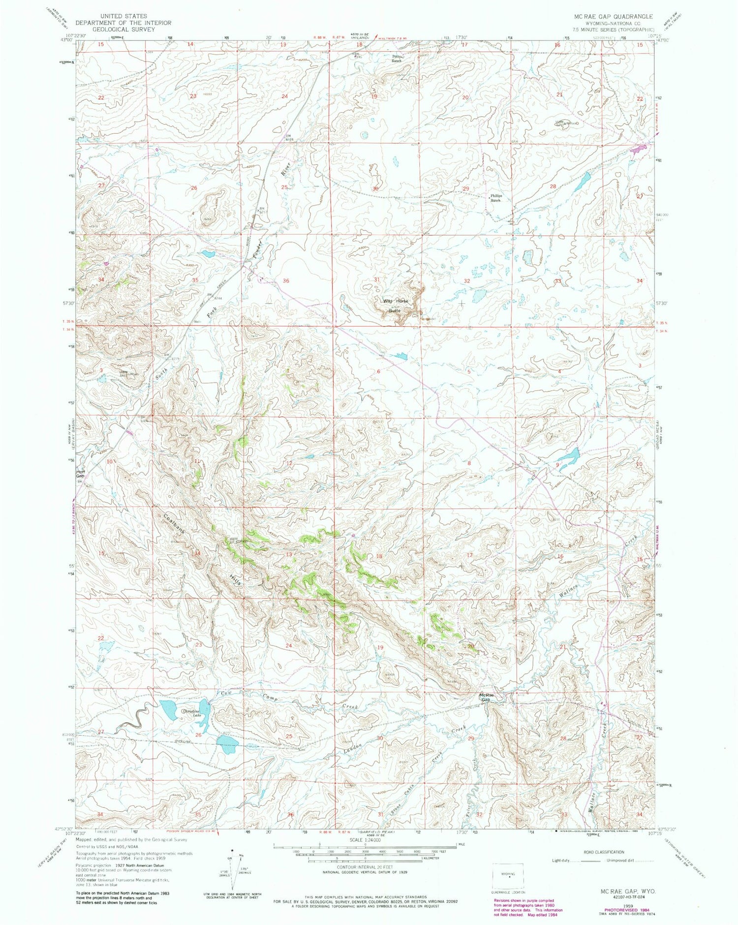 Classic USGS McRae Gap Wyoming 7.5'x7.5' Topo Map Image