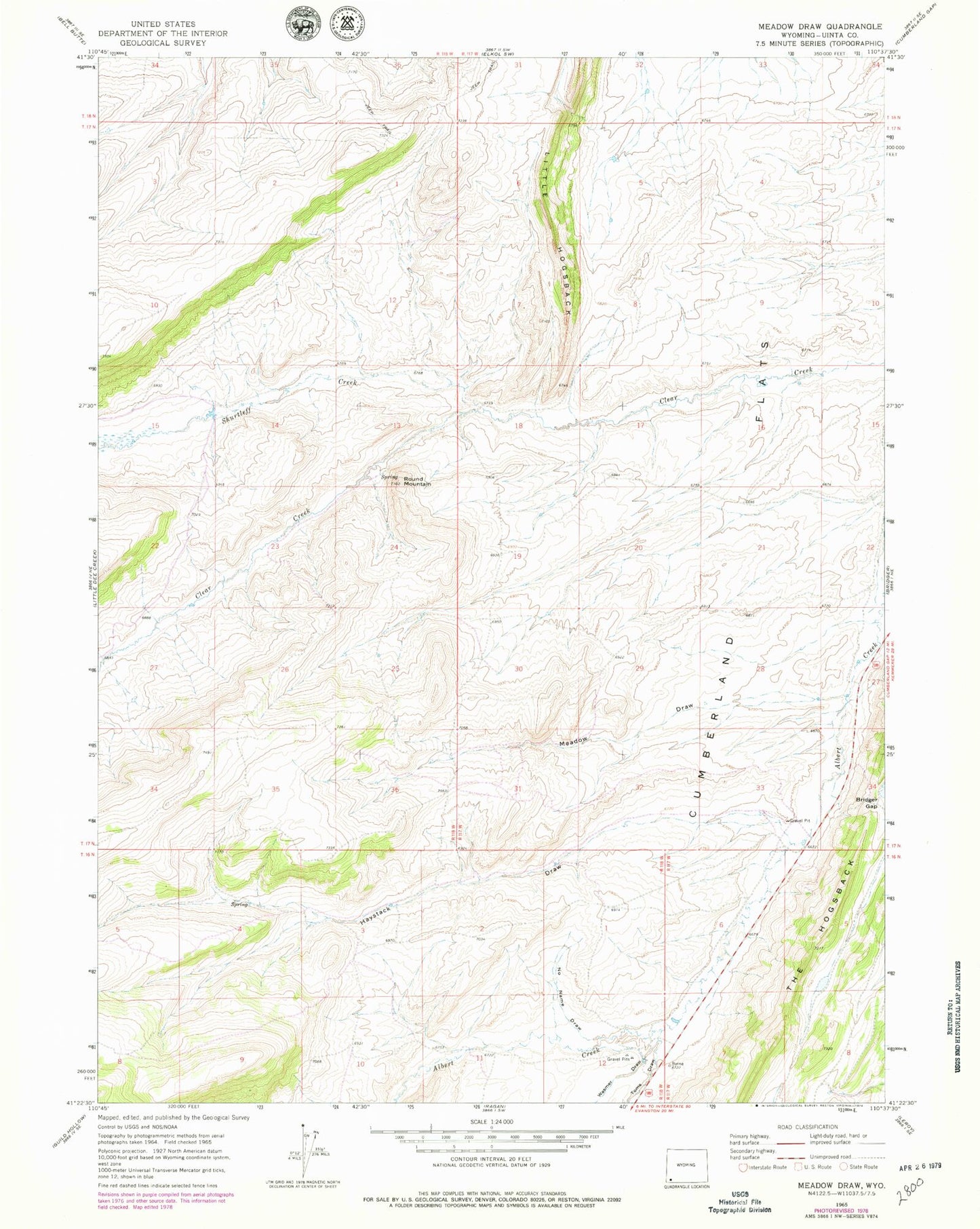 Classic USGS Meadow Draw Wyoming 7.5'x7.5' Topo Map Image