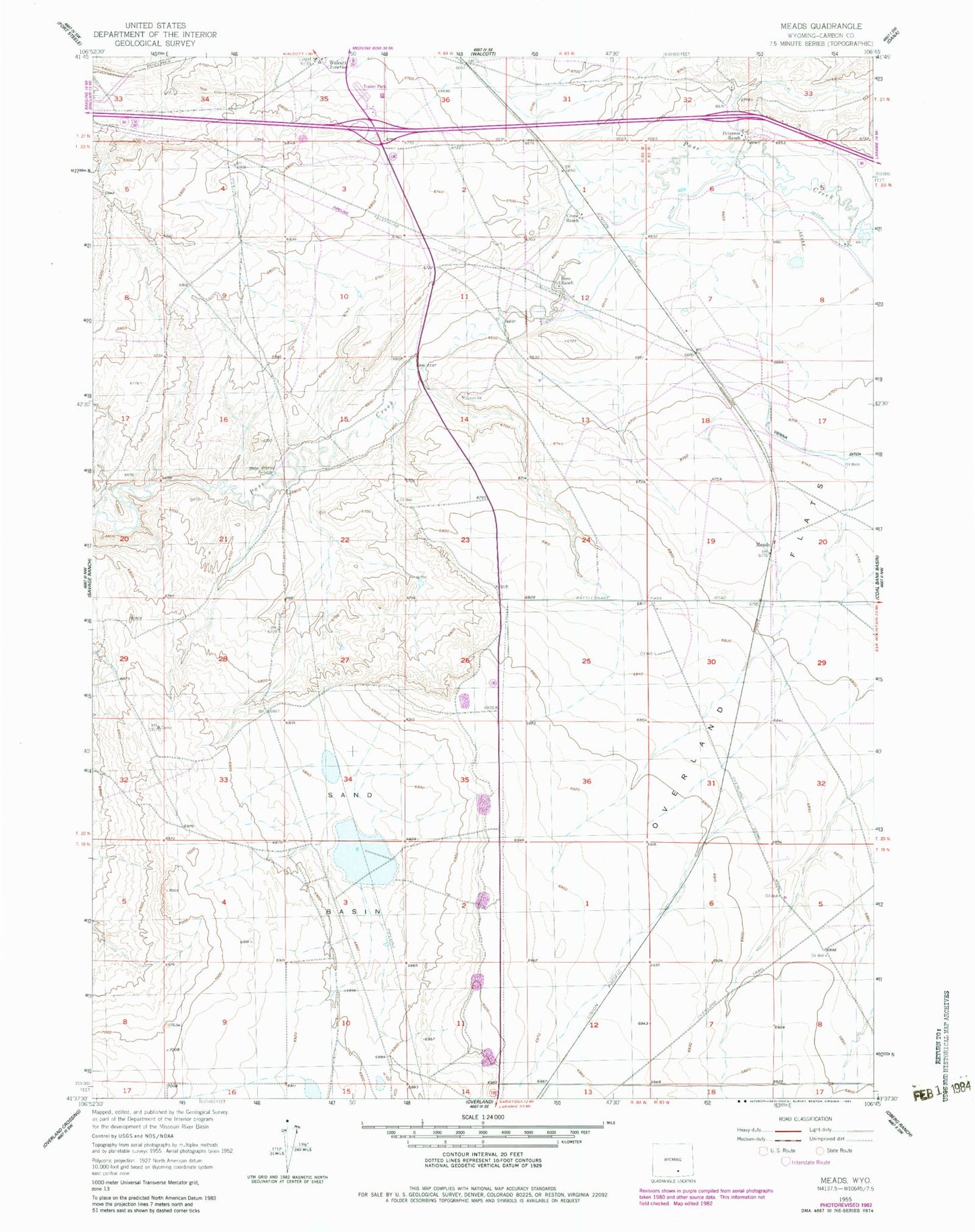 Classic USGS Meads Wyoming 7.5'x7.5' Topo Map Image