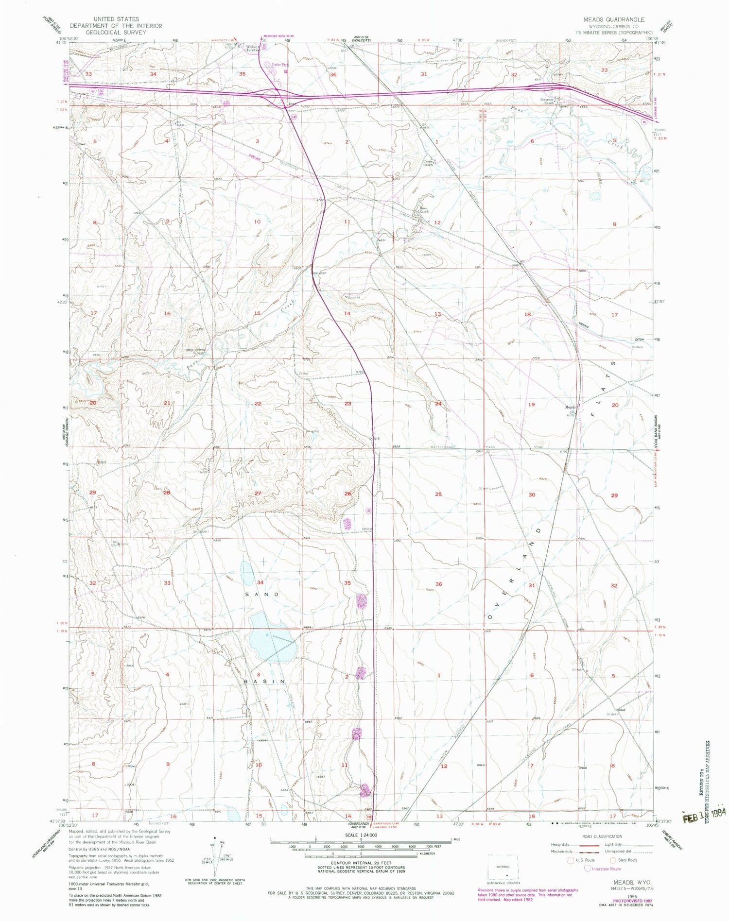 Classic USGS Meads Wyoming 7.5'x7.5' Topo Map Image