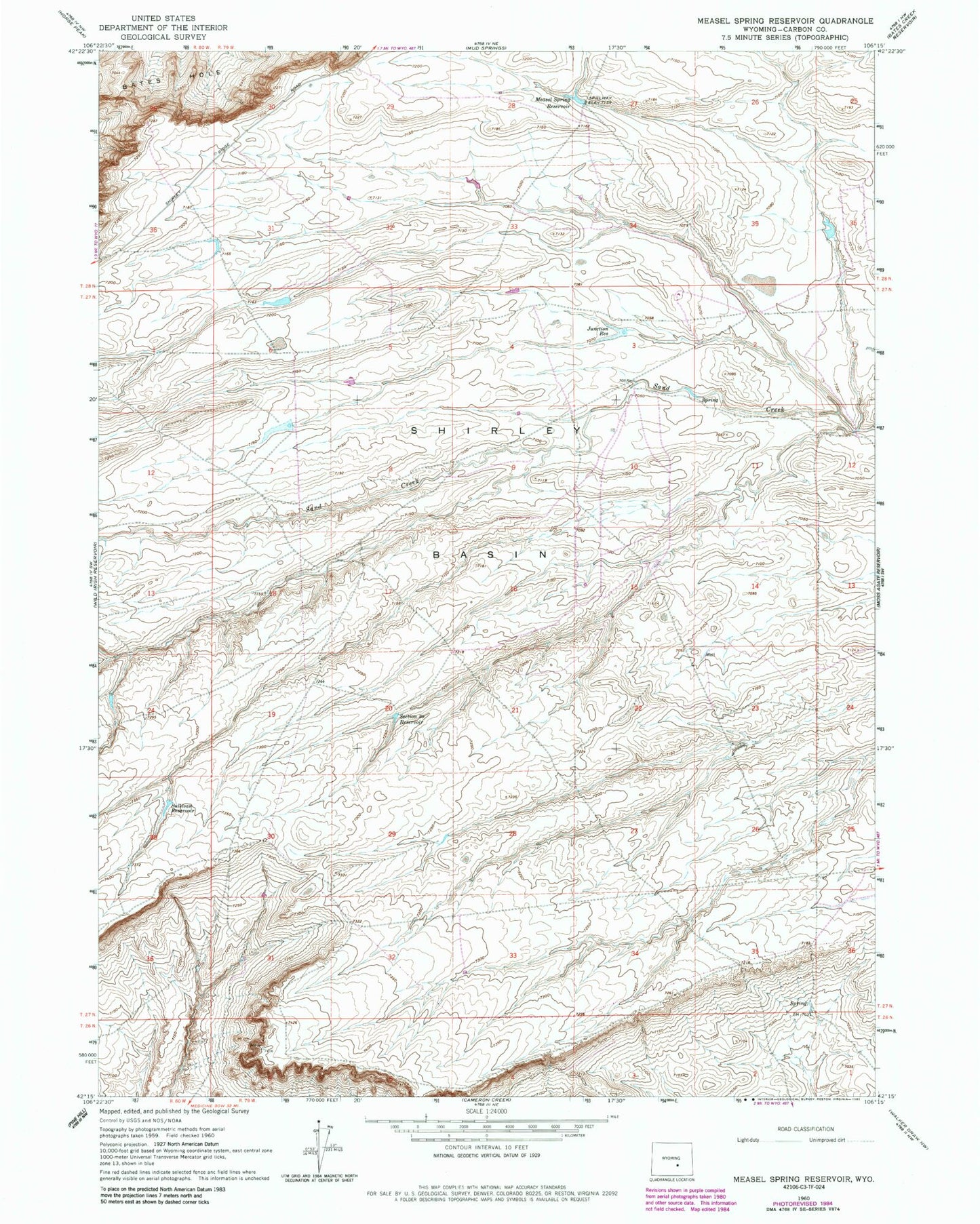 Classic USGS Measel Spring Reservoir Wyoming 7.5'x7.5' Topo Map Image