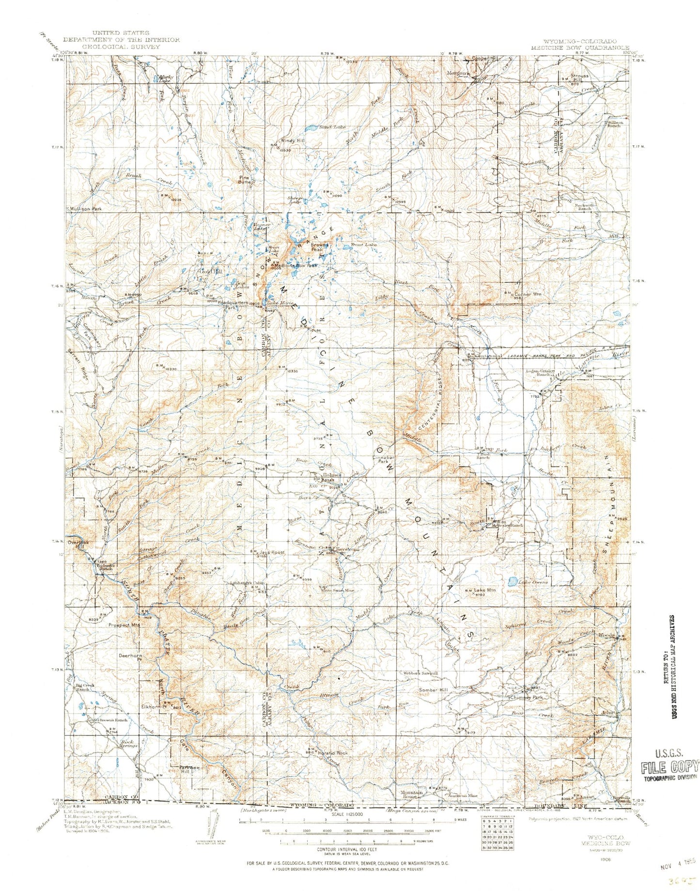 Historic 1906 Medicine Bow Wyoming 30'x30' Topo Map Image