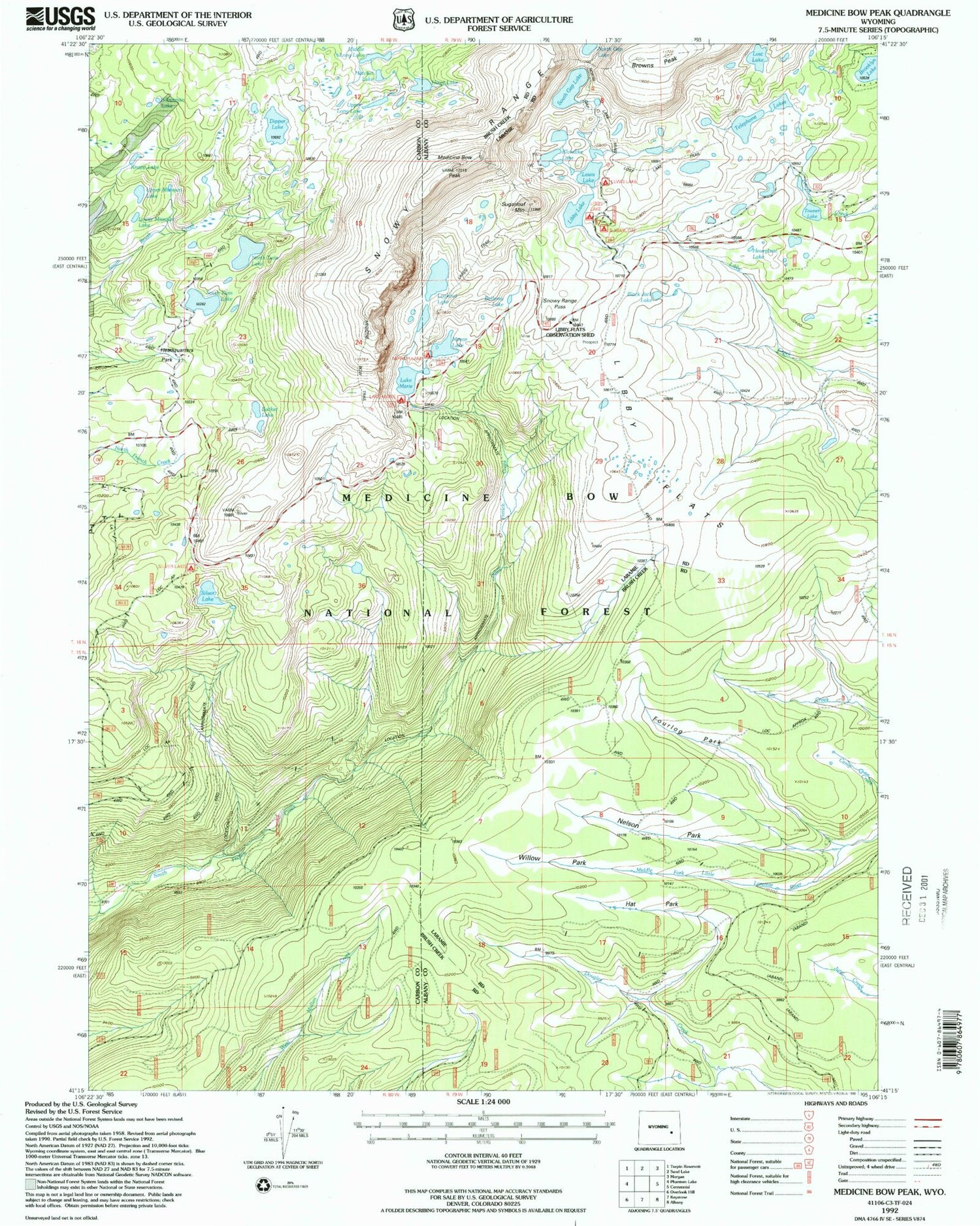 USGS Classic Medicine Bow Peak Wyoming 7.5'x7.5' Topo Map Image