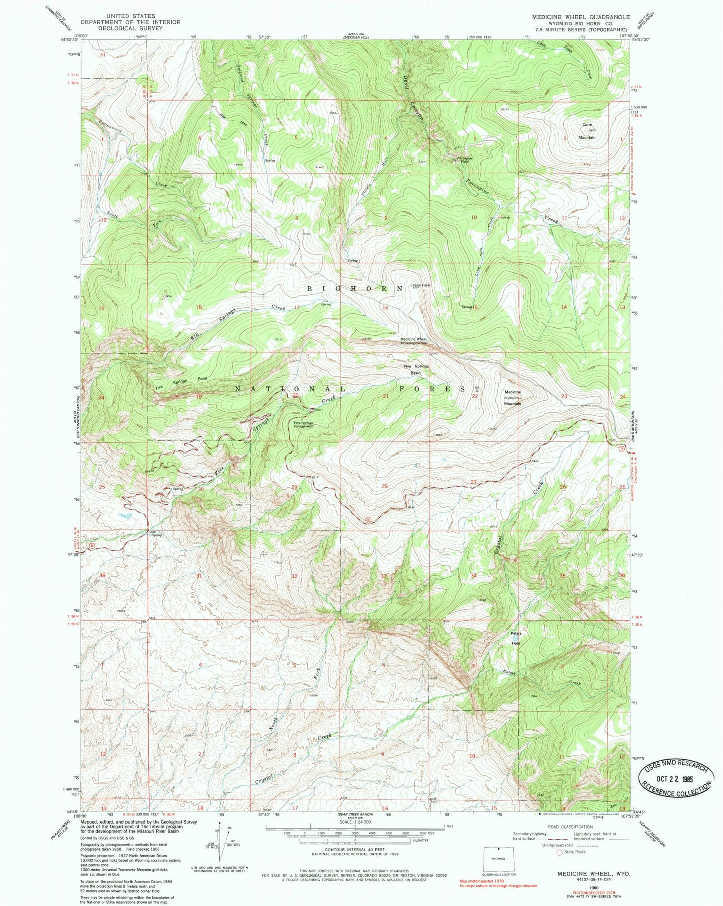 Classic USGS Medicine Wheel Wyoming 7.5'x7.5' Topo Map Image