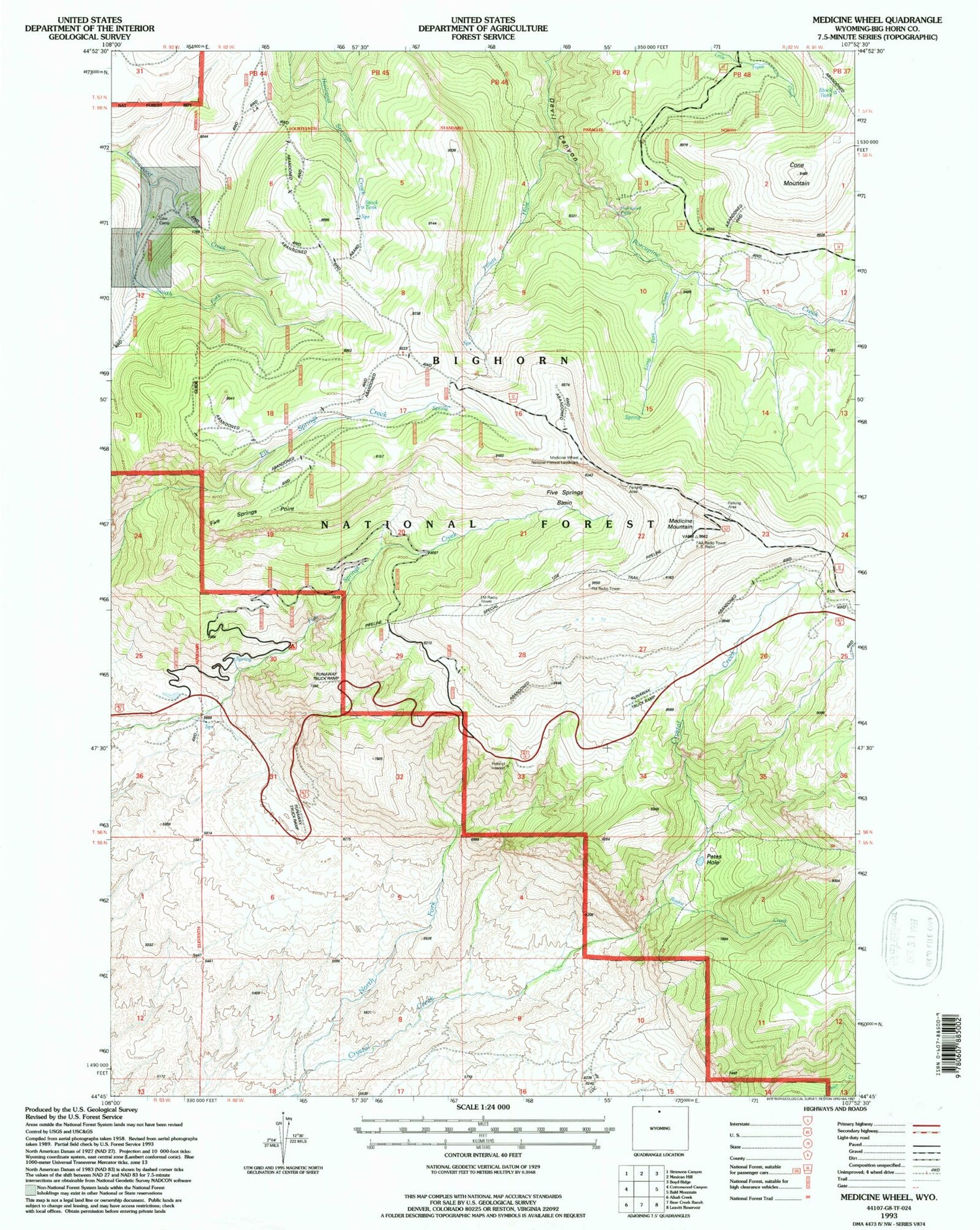 Classic USGS Medicine Wheel Wyoming 7.5'x7.5' Topo Map Image