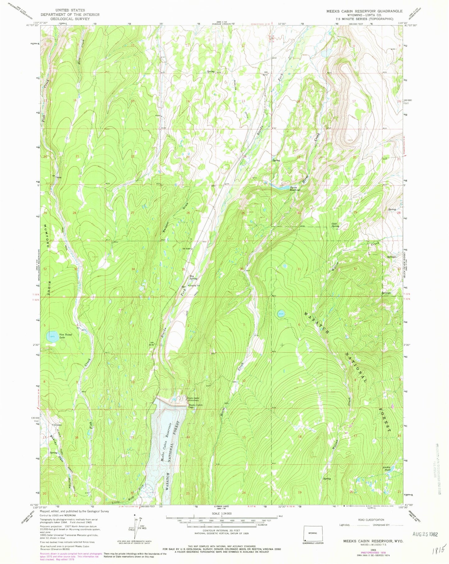 Classic USGS Meeks Cabin Reservoir Wyoming 7.5'x7.5' Topo Map Image