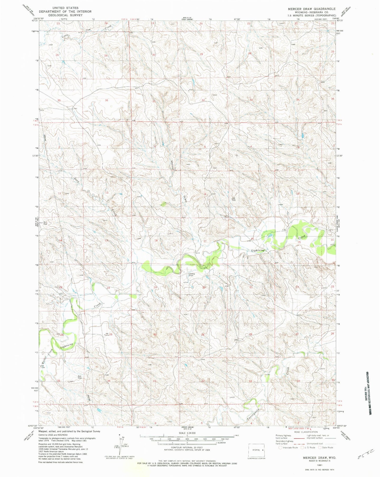 Classic USGS Mercer Draw Wyoming 7.5'x7.5' Topo Map Image