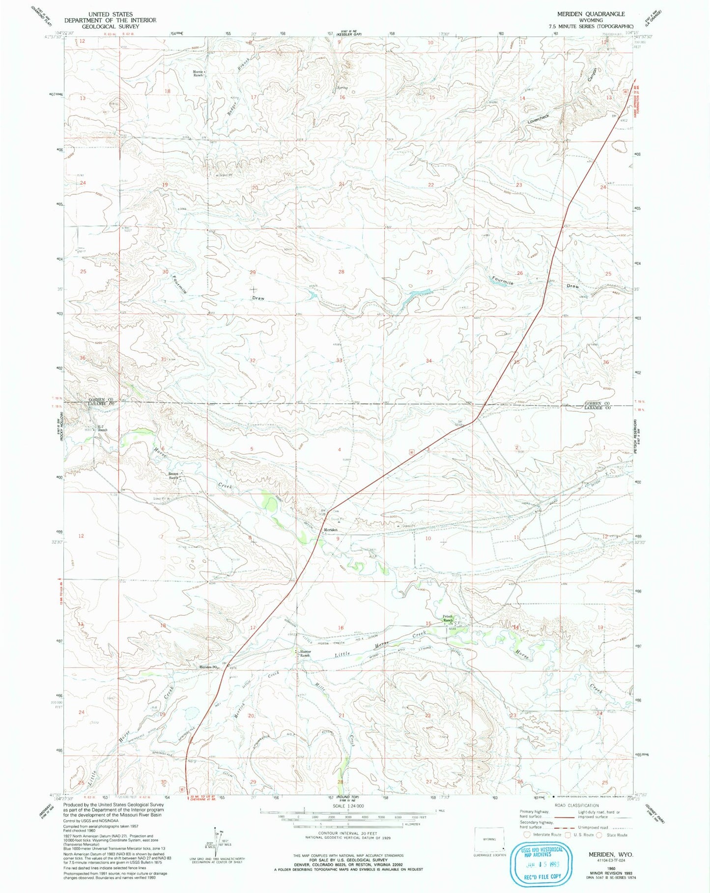 Classic USGS Meriden Wyoming 7.5'x7.5' Topo Map Image
