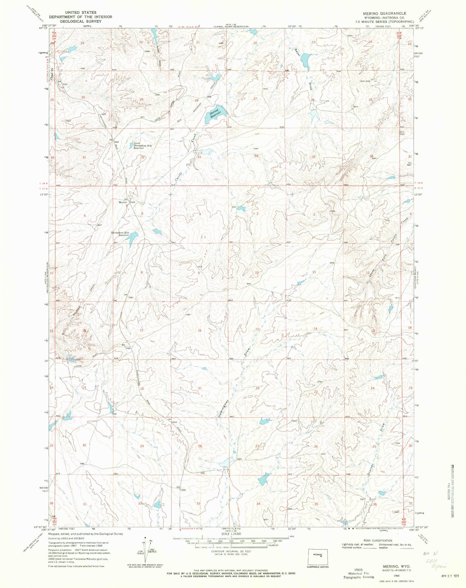 Classic USGS Merino Wyoming 7.5'x7.5' Topo Map Image