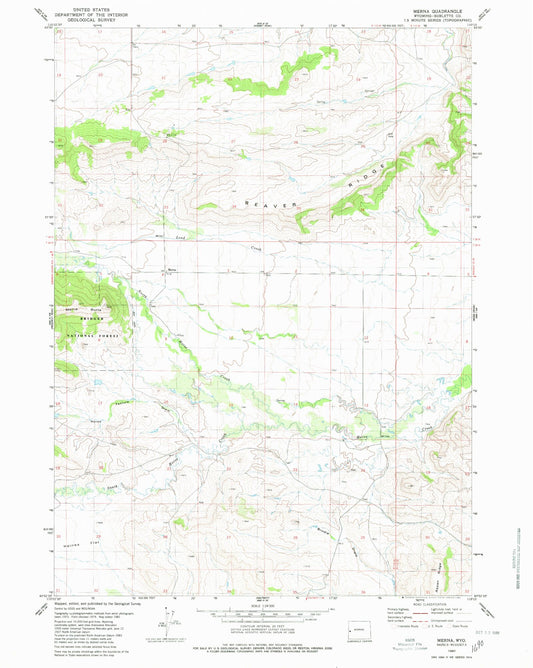 Classic USGS Merna Wyoming 7.5'x7.5' Topo Map Image