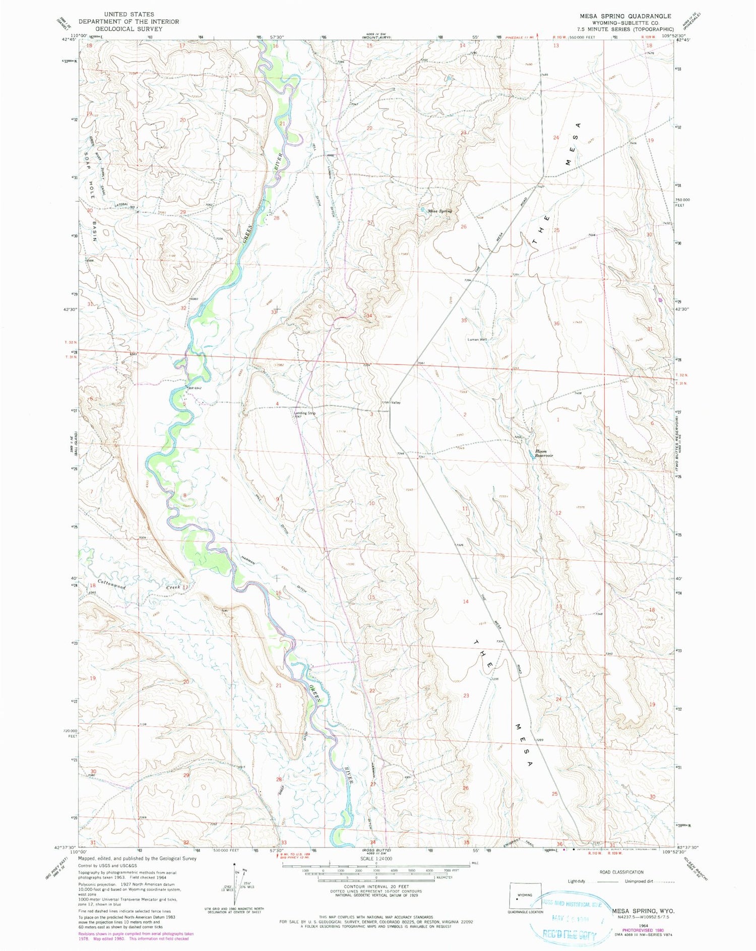Classic USGS Mesa Spring Wyoming 7.5'x7.5' Topo Map Image