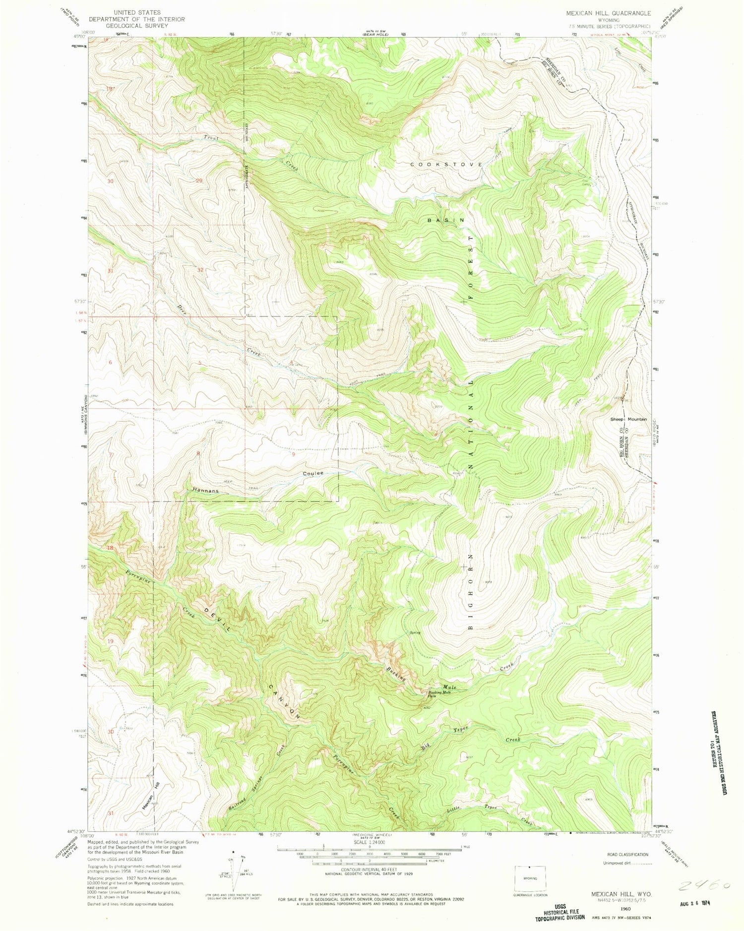 Classic USGS Mexican Hill Wyoming 7.5'x7.5' Topo Map Image
