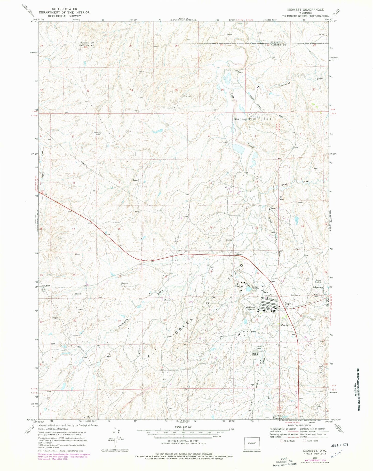 Classic USGS Midwest Wyoming 7.5'x7.5' Topo Map Image
