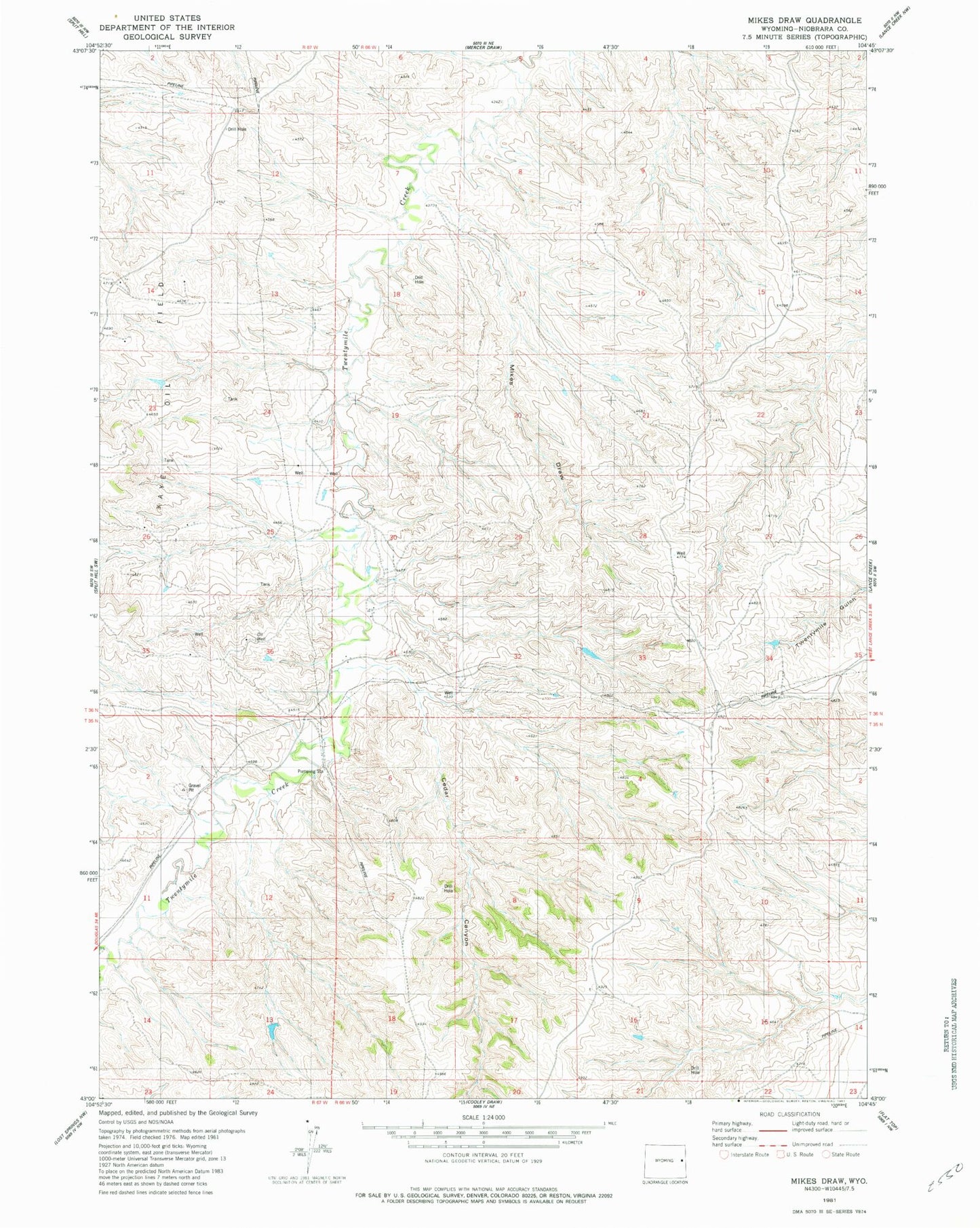 Classic USGS Mikes Draw Wyoming 7.5'x7.5' Topo Map Image
