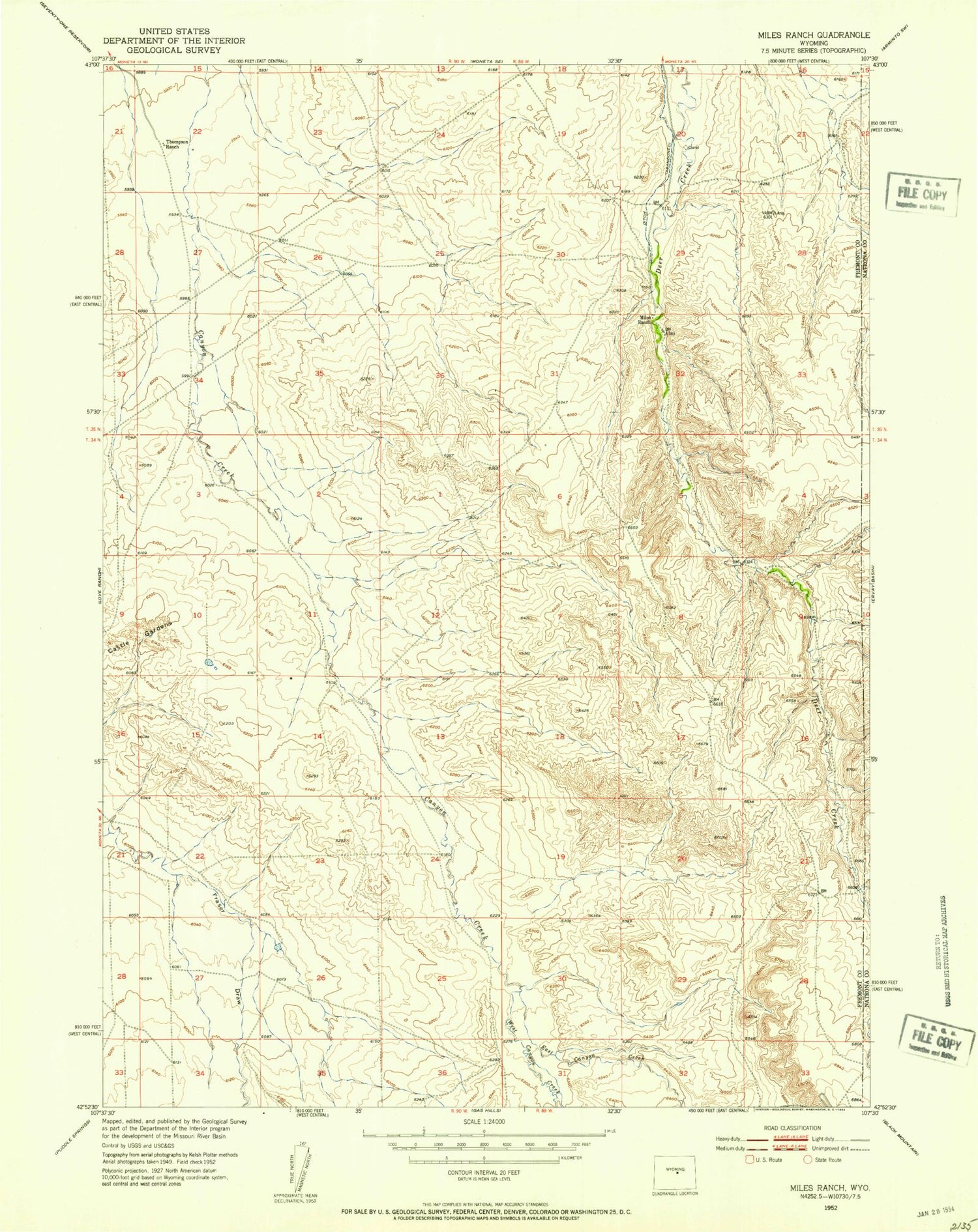 Classic USGS Miles Ranch Wyoming 7.5'x7.5' Topo Map Image