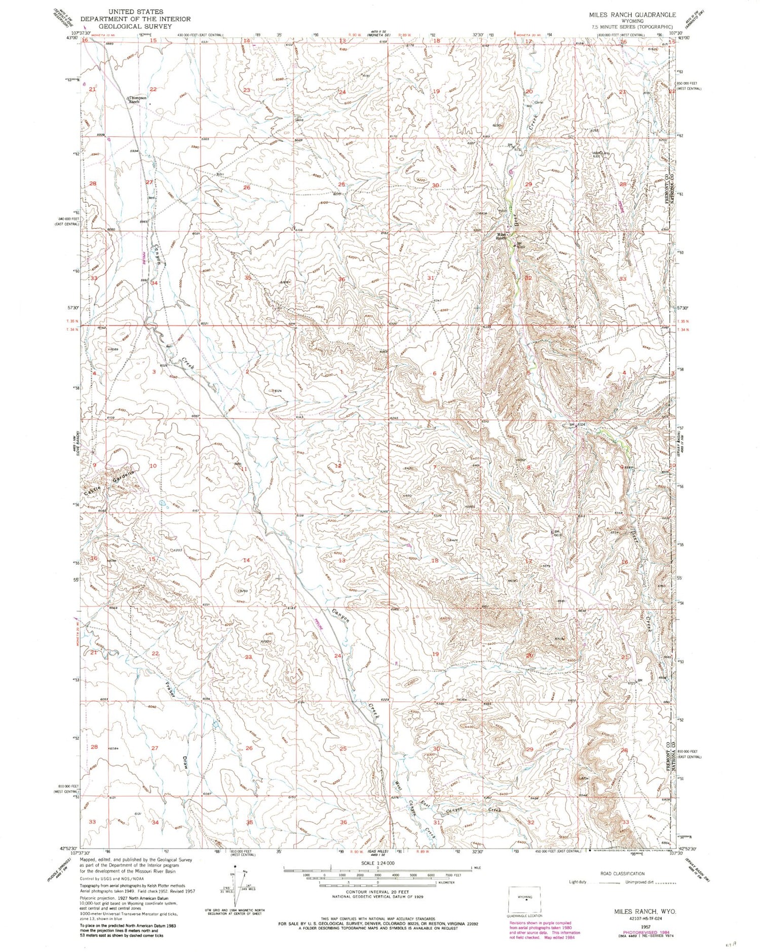 Classic USGS Miles Ranch Wyoming 7.5'x7.5' Topo Map Image