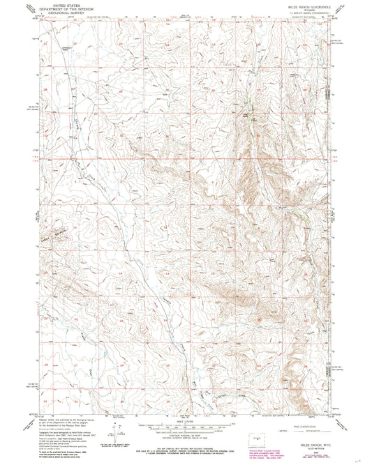 Classic USGS Miles Ranch Wyoming 7.5'x7.5' Topo Map Image