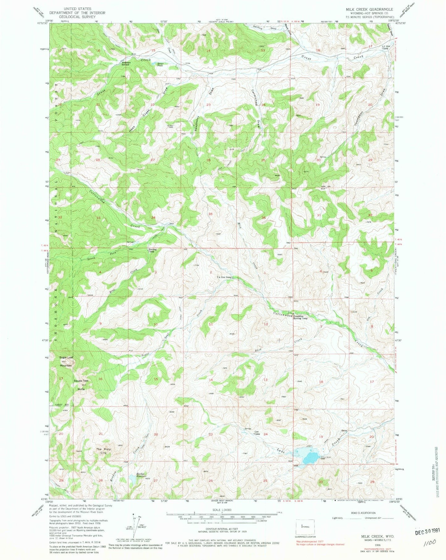 Classic USGS Milk Creek Wyoming 7.5'x7.5' Topo Map Image