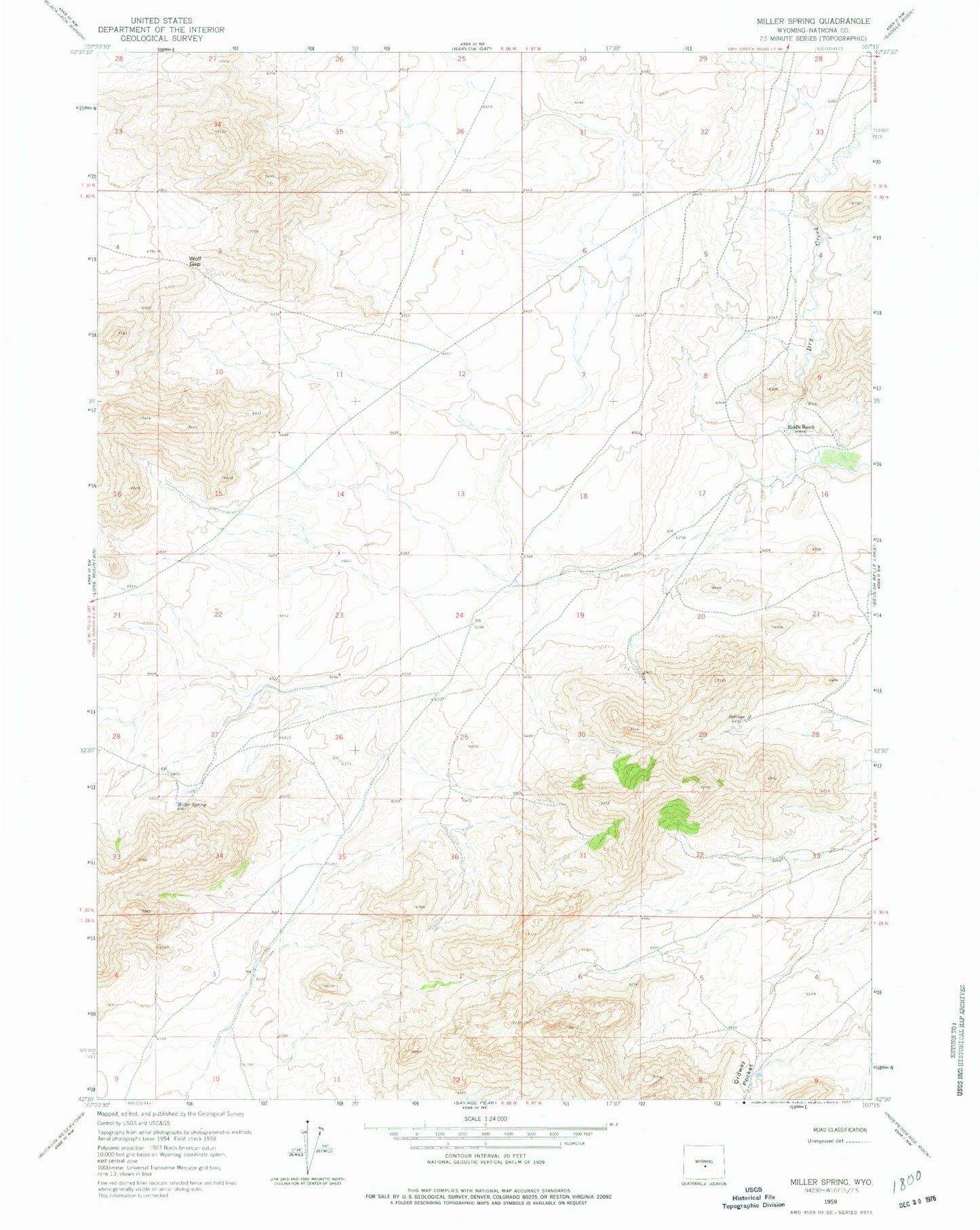 Classic USGS Miller Spring Wyoming 7.5'x7.5' Topo Map Image