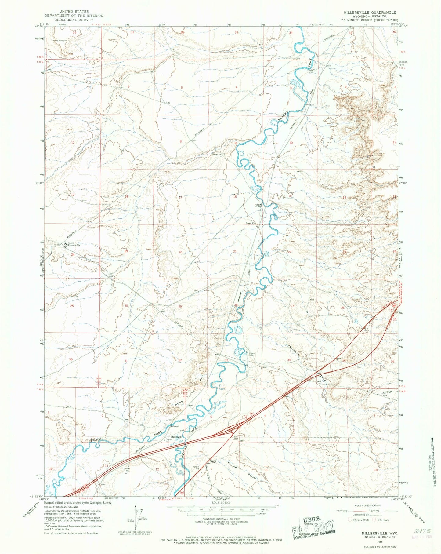 Classic USGS Millersville Wyoming 7.5'x7.5' Topo Map Image