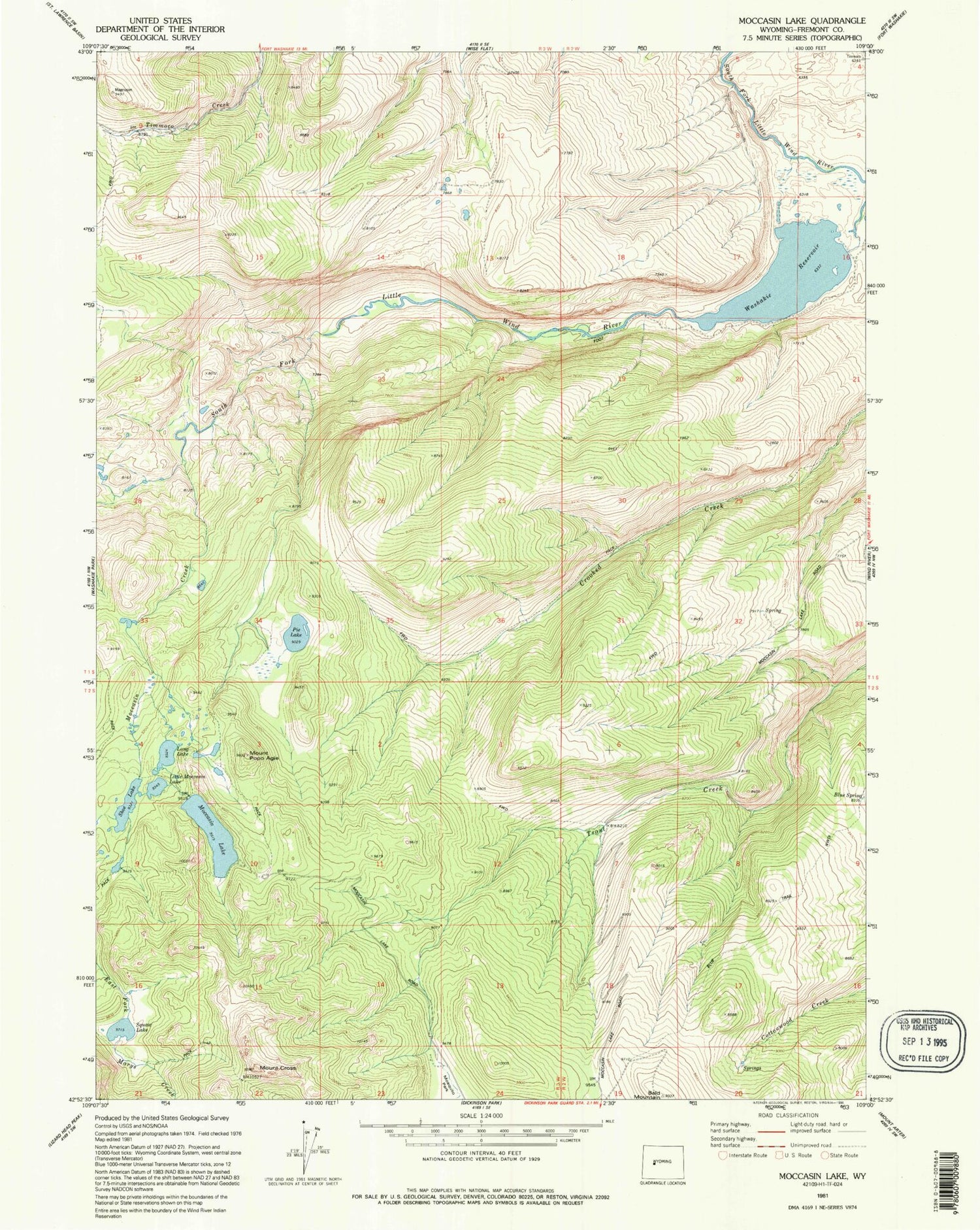 Classic USGS Moccasin Lake Wyoming 7.5'x7.5' Topo Map Image