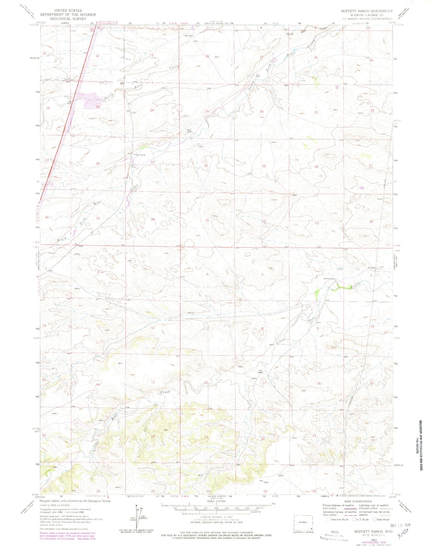 Classic USGS Moffett Ranch Wyoming 7.5'x7.5' Topo Map Image