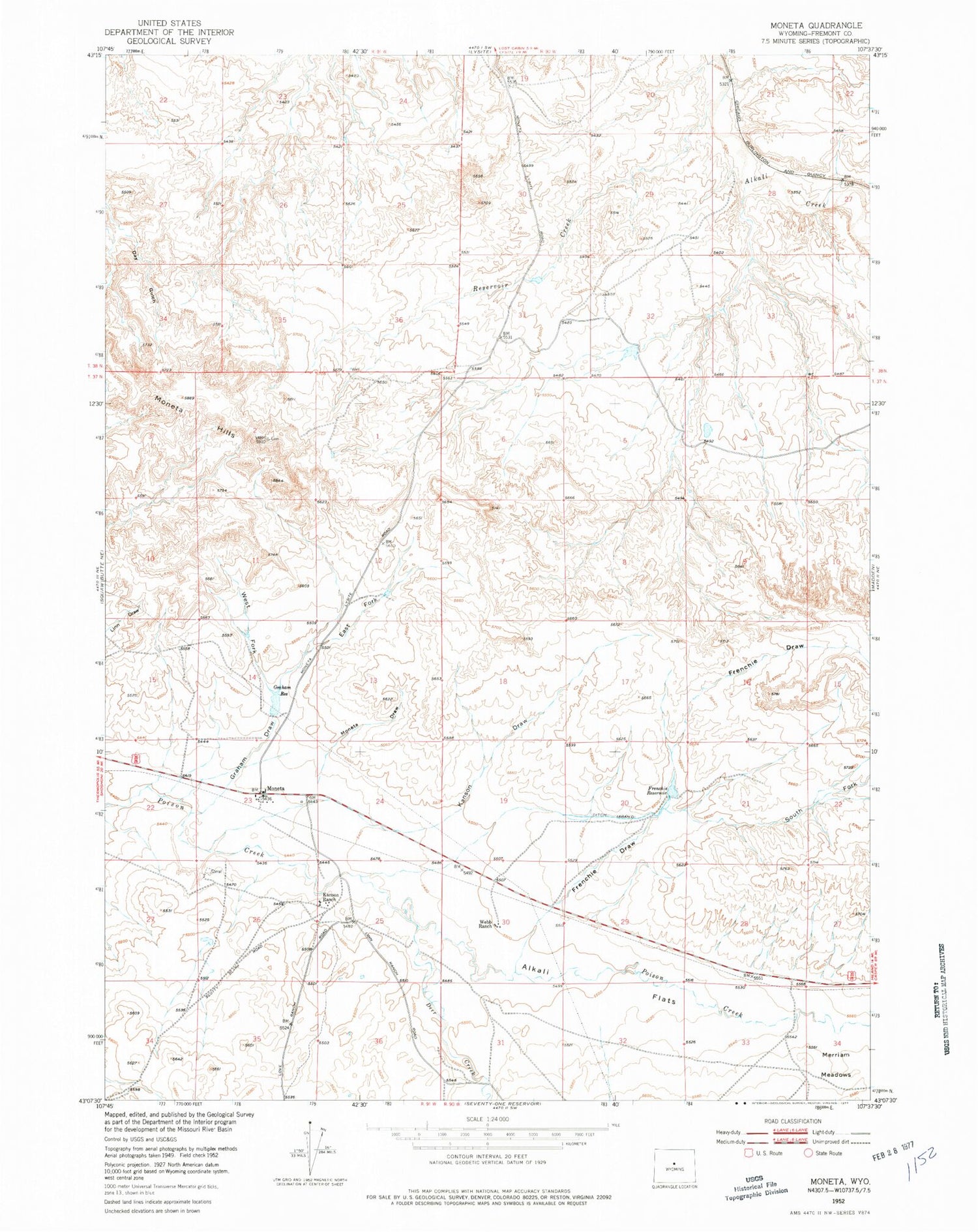 Classic USGS Moneta Wyoming 7.5'x7.5' Topo Map Image