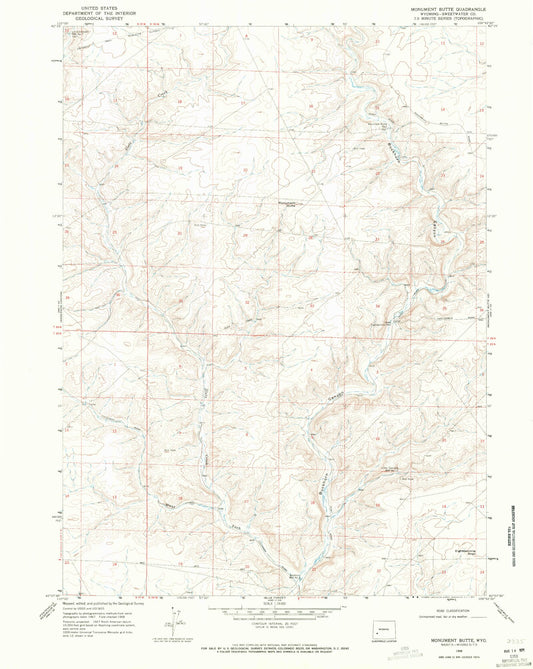 Classic USGS Monument Butte Wyoming 7.5'x7.5' Topo Map Image