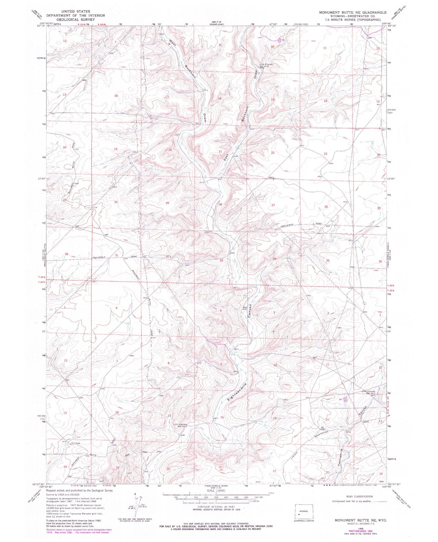 Classic USGS Monument Butte NE Wyoming 7.5'x7.5' Topo Map Image
