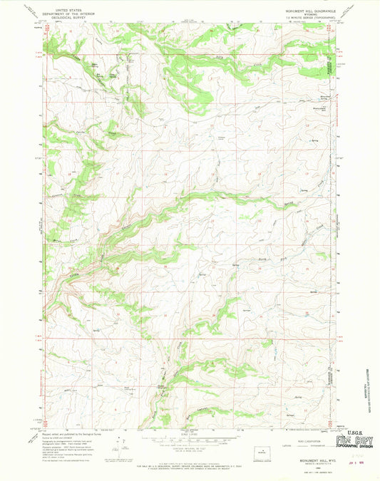 Classic USGS Monument Hill Wyoming 7.5'x7.5' Topo Map Image