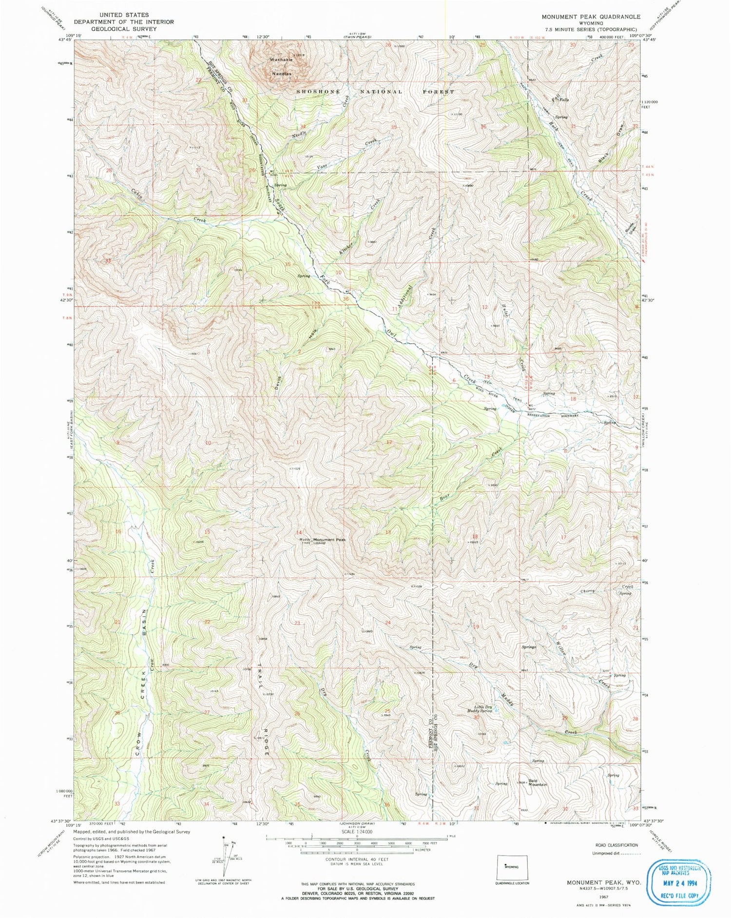 Classic USGS Monument Peak Wyoming 7.5'x7.5' Topo Map Image